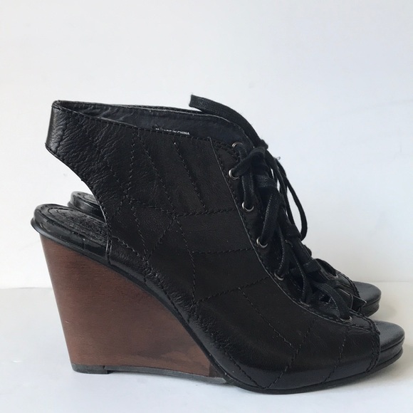 Fossil Peep Toe Leather Slingback Wedge US8 Black - Picture 4 of 8